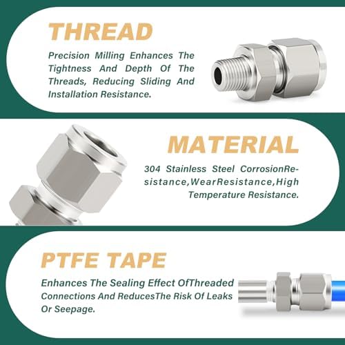 304 Stainless Steel Compression Tube Fittings, 3/8" Tube OD x 1/8" NPT Male Straight Adapter, 5PCS for Fuel/Air/Liquid/Oil/Gas/Vacuum Lines