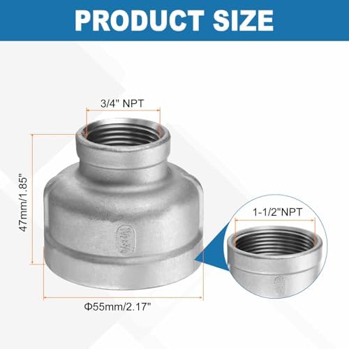 HARFINGTON Reducing Coupling 1-1/2"x3/4" NPT Female 304 Stainless Steel
