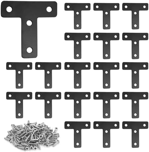 Uenhoy 20 Pcs T Shape Black Flat Brackets 2"x2" with Screws