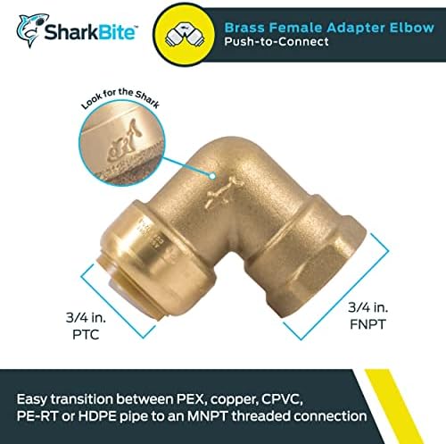 SharkBite 3/4 Inch x 3/4 Inch 90 Degree Female Adapter Elbow, Push to Connect Brass Plumbing Fitting, PEX Pipe, Copper, CPVC, PE-RT, HDPE, U314LFA