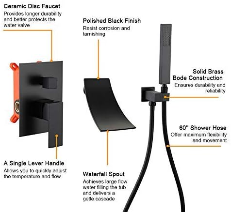 Wall Mount Bathtub Faucet with Handheld Shower, Matte Black Single Handle Bathroom Waterfall Tub Filler Solid Brass Tub Shower Faucet Set Rough-in Valve Trim Kit