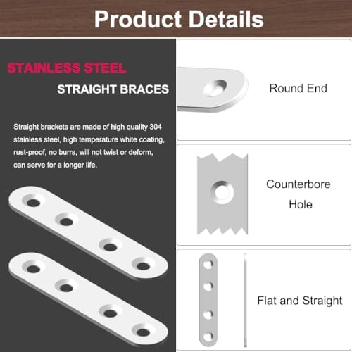 24 Pack Flat Brackets White Straight Braces 3 Inch Stainless Steel Mending Plates, Heavy Duty Repair Fixing Joining Metal Strip for DIY, Wood, Furniture, with Screws
