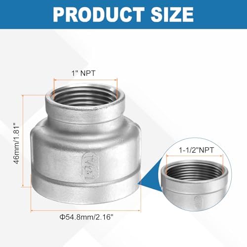 HARFINGTON Reducing Coupling 1-1/2"x1" NPT Female 304 Stainless Steel