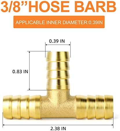 GASHER 10 Pieces Brass Hose Barb Tee, 3-Way Tee Hose Fitting (3/8" x 3/8" x 3/8" Hose Barb)