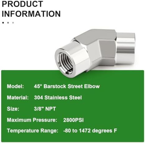 TAISHER 2PCS 304 Stainless Steel 45 Degree Barstock Street Elbow, 3/8" NPT Female x 3/8" NPT Female 304 Stainless Pipe Fitting