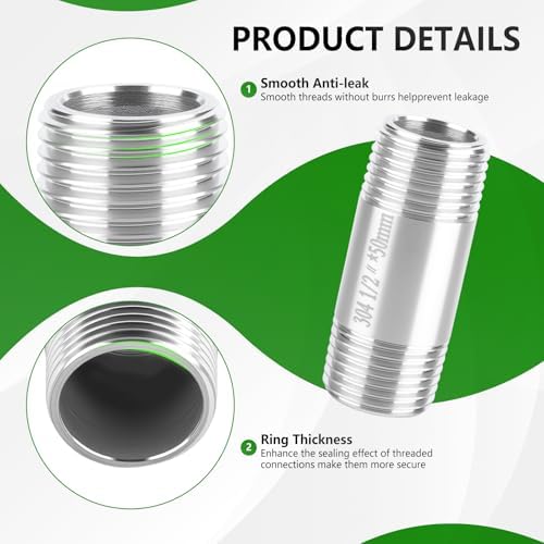 2 Pcs 1/2" NPT Male x Male Nipple Pipe Fitting, 304 SS Cast Fittings, 100mm