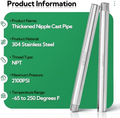 TAISHER 2Pcs Thickened Nipple Cast Pipe 1/2" MNPT x 1/2" FNPT, 8" Length