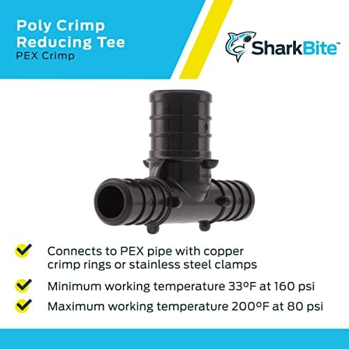 SharkBite 1/2 x 1/2 x 3/4 Inch Poly Crimp Reducing Tee, Pack of 5, PEX Pipe, PE-RT, UP408A5