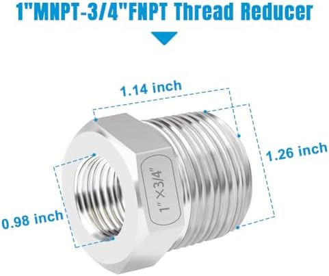 Quickun Stainless Steel Reducer Hex Bushing, 1" Male NPT to 3/4" Female NPT, Reducing Bushing Pipe Hose Fitting (Pack of 2)