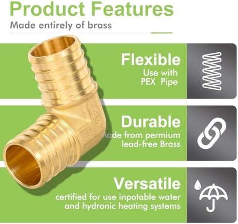 5 Pack ORIANSE 1" Elbow Heavy Duty Brass Barb PEX Fittings for for PEX-B Pipe with Copper Ring Connection in Plumbing Jobs,Lead-Free Brass NSF/ANSI 61 NSF 372 Certificate, ASTM F1807 Certified