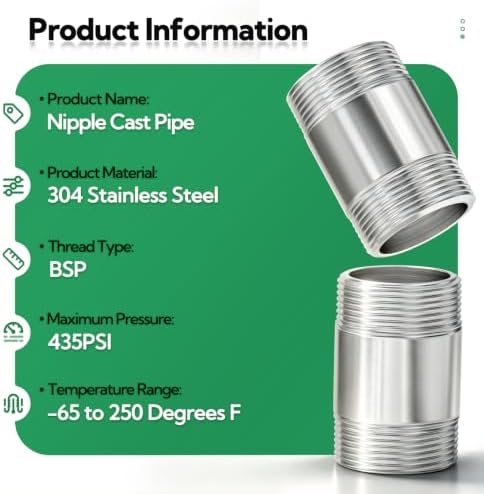 TAISHER 2Pcs 304 SS Nipple Cast Pipe Fitting, 1" BSP Male, 2" Length