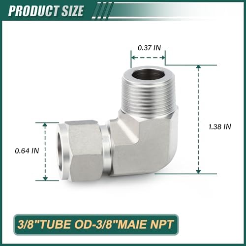 316 Stainless Steel 90 Degree Compression Tube Pipe Fitting Connector, 3/8" Tube OD x 3/8" NPT Male Adapter for fuel/air/liquid/oil/gas/vacuum pipelines