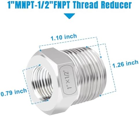 Quickun Stainless Steel Reducing Hex Bushing, 1" Male NPT to 1/2" Female NPT, Reducer Bushing Pipe Hose Fitting （Pack of 2）