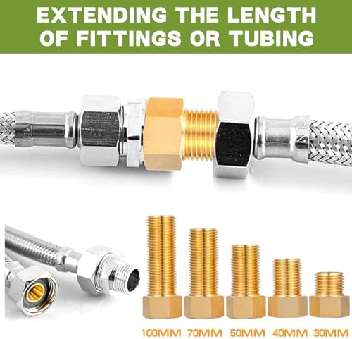 Brass Pipe Fitting, 1/2-Inch Female to 1/2-Inch Male Pipe Nipple Extension Connector, Hex Bushing Adapter Set (Length 30/40/50/70/100MM)