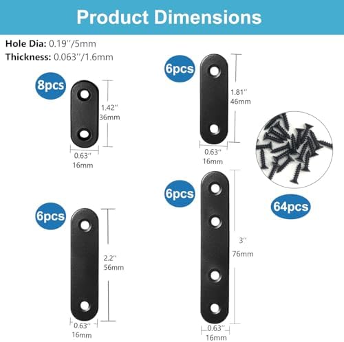 QSJ 26 Sets Flat Plate Straight Bracket Flat Brace Bracket Stainless Steel, 36mm/46mm/56mm/76mm Wood Brackets Mending Repair Plate Brace