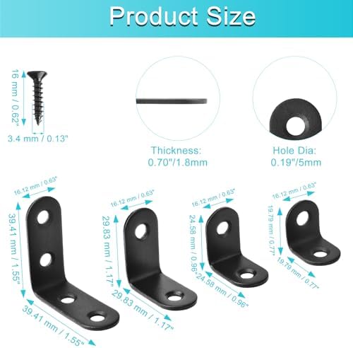 40 Pack L Corner Bracket Black 90 Degree Right Angle Brackets L Shaped Bracket Metal Corner Braces 20mm/ 25mm/30mm/40mm Mending Repair Plate Brace for Furniture, Cabinets, Chairs