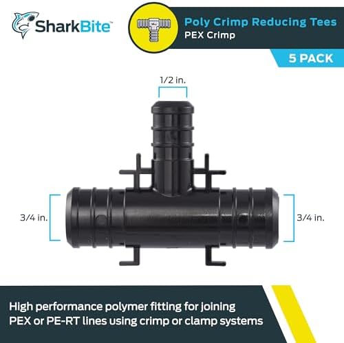 SharkBite 3/4 x 3/4 x 1/2 Inch Poly Crimp Reducing Tee, Pack of 5, PEX Pipe, PE-RT, UP412A5