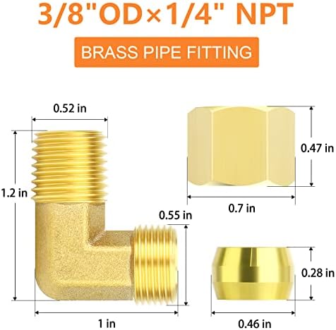 GASHER 10PCS Brass 90 Degree Elbow Compression Tube Pipe Fitting Connector, 3/8" Tube OD x 1/4" NPT Male Connector