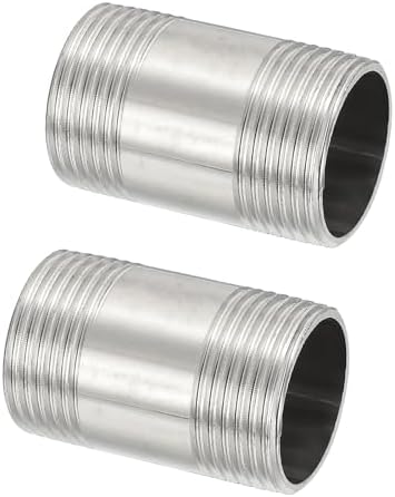 PATIKIL 304 Stainless Steel Pipe Fitting, 2 Pack 1" BSP Male x 1" BSP Male Threaded 2" Length Nipple Cast Pipe for Extending Piping, Silver