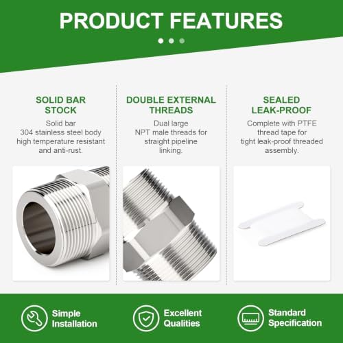 TAISHER 1pcs Hex Nipple 304 Stainless Steel NPT 1-1/4"NPT Male Pipe Fitting