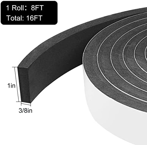 2 Rolls Weather Stripping Door Seal, 1''W x 3/8'' T Foam Tape Single Sided, Adhesive Closed Cell Weather Strip (Total 16 Feet Long)…