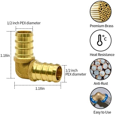 50 Pack 1/2" PEX Fittings, Brass Elbow Fittings
