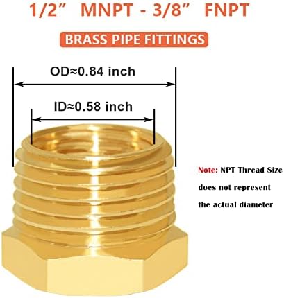 Hooshing 6PCS Brass Reducer Hex Bushing 1/2" NPT Male x 3/8" NPT Female