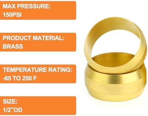 GASHER 100PCS Brass Compression Fitting, Brass Compression Sleeve Ferrules 1/2" Tube OD