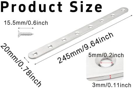 9.6 Inch Stainless Steel Straight Brace, Flat Straight Support, Repair Fixed Bracket Connector, Heavy Duty Furniture Repair Fixing Joint with Screw, 2PCS