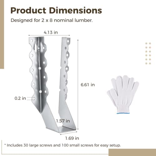 25 PCS 2x8 Joist Hangers, Stainless Steel Framing Connectors for 2 x 8 Lumber, Wood Beam Face Mount Rafter Brackets with Screws & Gloves, Header to Joist Hardware for Deck, Roof