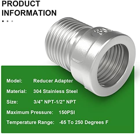 TAISHER 5PCS 304 Stainless Steel Pipe Fitting, Reducer Adapter, 1/2" Male NPTx 3/4" Female NPT