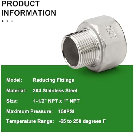 TAISHER 2PCS 304 Stainless Steel Pipe Fitting, Reducer Adapter, 1" NPT Male x 1-1/2" NPT Female