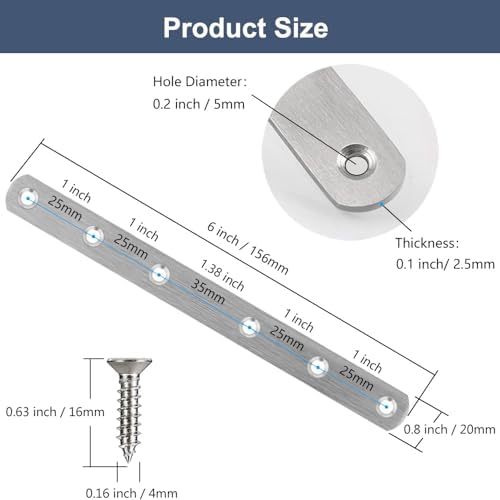 8 Pcs Straight Bracket Flat Braces 6 Inch Stainless Steel Straight Mending Plates for Wood, Heavy Duty Repair Fixing Joining Brackets with Screws