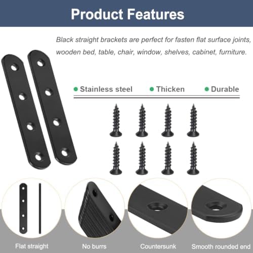 8 Pcs Black Flat Bracket 4 Inch Stainless Steel Straight Braces, Mending Plates Repair Fixing Brackets Heavy Duty Straight Repair Joining Plates with Screws