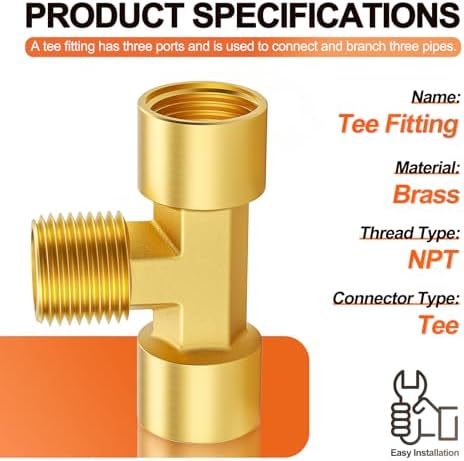 GASHER 5PCS Metals Brass Pipe Fitting Barstock Male Branch Tee T Adapter 1/4" Female x 1/4" NPT Female x 1/4" NPT Male