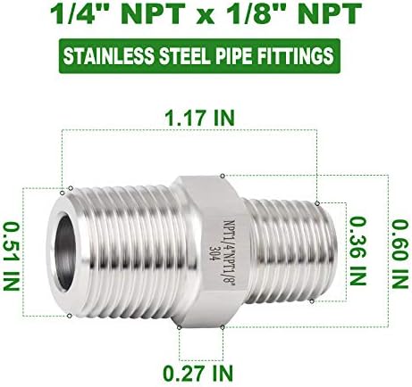 TAISHER 2PCS 304 Stainless Steel Hex Nipple, Reducer Pipe Fitting 1/4-Inch Male Pipe x 1/8-Inch Male Pipe
