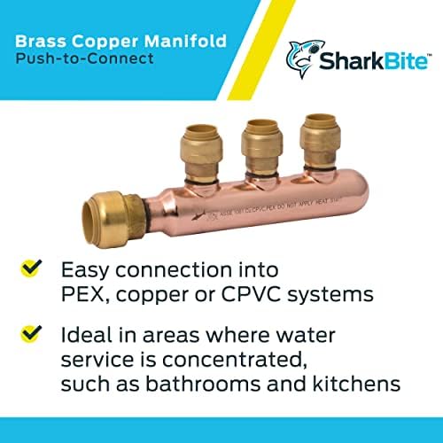 SharkBite 3/4 Inch x 1/2 Inch Outlet 3 Port Closed Multi-Port Tee, Push-to-Connect Brass Plumbing Fittings, PEX, Copper, CPVC, 25553LF