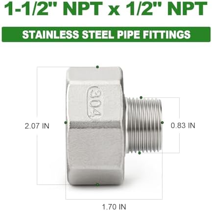 TAISHER 2PCS 304 Stainless Steel Pipe Fitting, Reducer Adapter, 1/2" NPT Male x 1-1/2" NPT Female