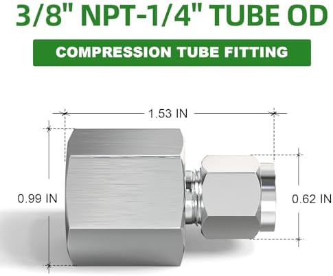 TAISHER 5PCS 304 Stainless Steel Compression Tube Pipe Fitting Connector, 1/4" Tube OD x 3/8" NPT Female Straight Adapter
