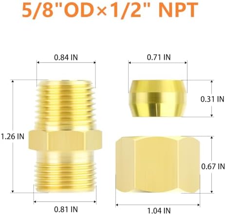 GASHER 5PCS Brass Compression Tube Pipe Fitting Connector, 5/8" Tube OD x 1/2" NPT Male Connector