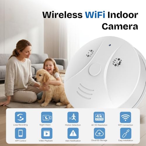 1080P HD Wireless WiFi Smoke Detector Camera for Home Security with App Control, Motion Detection, Night Vision & Loop Recording for Office/Shop/Pet, User-Friendly