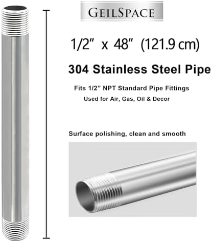 GeilSpace 1/2" x 48" 304 Stainless Steel Nipple Pipe Fitting, NPT Threaded