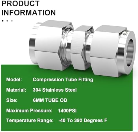 TAISHER 5PCS 304 Stainless Steel Compression Tube Pipe Fitting Connector, 6MM Tube OD x 6MM Tube OD Straight Adapter