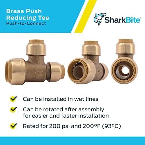 SharkBite 3/4 Inch x 1/2 Inch x 1/2 Inch Reducing Slip Tee, Push To Connect Brass Plumbing Fitting, PEX Pipe, Copper, CPVC, PE-RT, HDPE, U454LFA