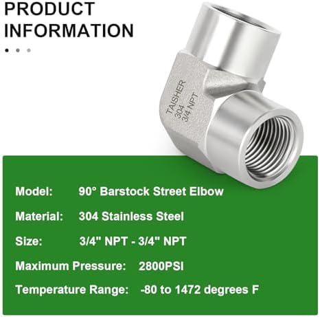 TAISHER 1PCS 304 Stainless Steel 90 Degree Barstock Street Elbow, 3/4" NPT Female to 3/4" NPT Female 304 Stainless Pipe Fitting