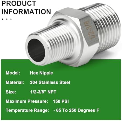 TAISHER 5PCS 304 SS New Hex Nipple, 1/2" NPT Male x 3/8" NPT Male