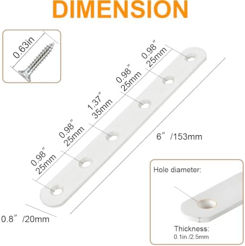 6 Pack White Flat Brackets, 6 Inch Straight Brace Mending Plate with Screws