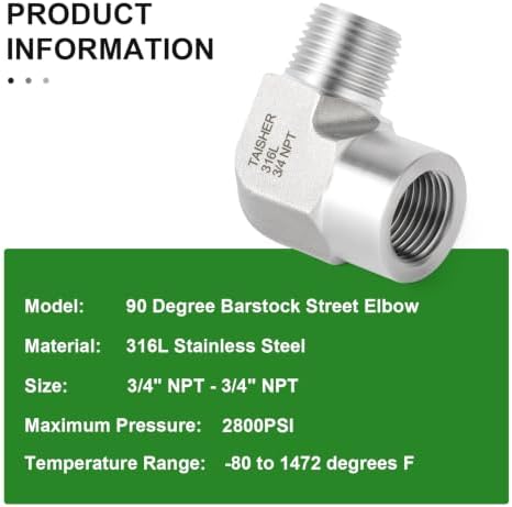 TAISHER 1pcs Forged 316L SS 90 Degree Elbow,3/4"NPT Female x 3/4"NPT Male