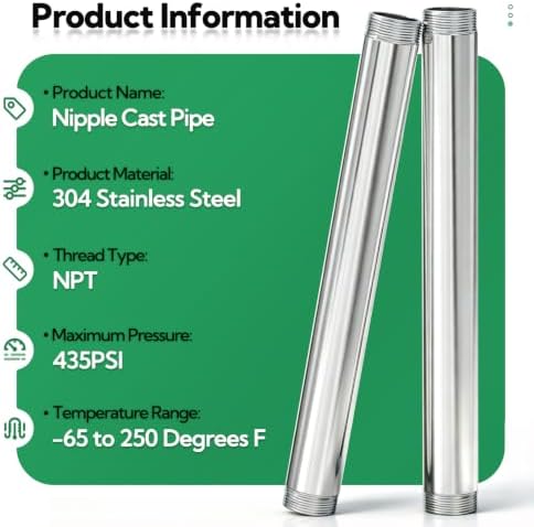 TAISHER 2Pcs 304 SS Nipple Cast Pipe Fitting 1" NPT Male, 12" Length