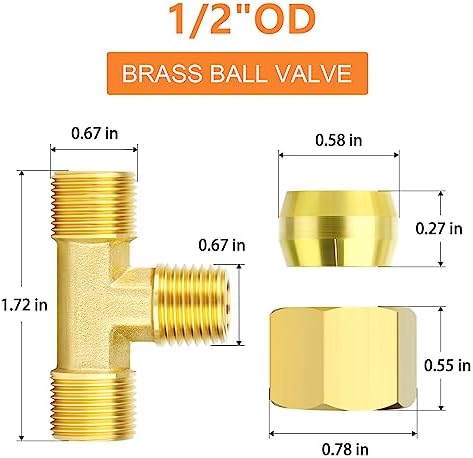 GASHER 2PCS Brass Compression Tube Pipe Fitting Connector, Tee，1/2" x 1/2" x 1/2" Tube OD Connector
